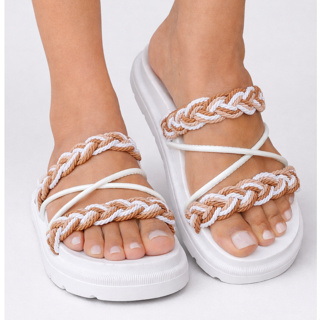 Birken Papate Rasteira Flat Feminina Modelo Luxo Trança Trançadas Branca e Marrom em Oferta na Shopee