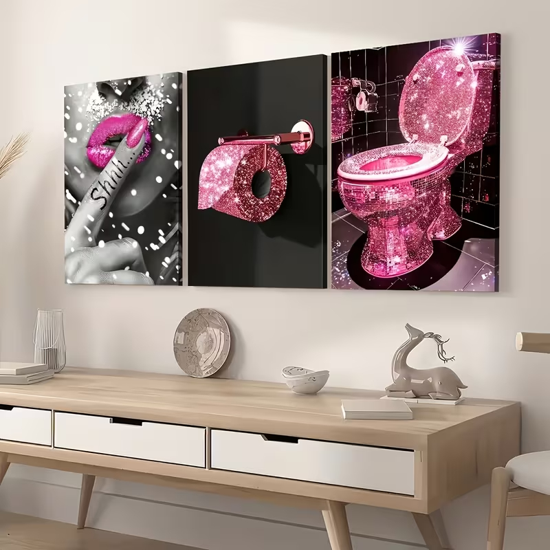 Kit Quadro 3 Peças Banheiro Luxo Glitter Rosa Shhh Lips e Vaso de Brilho para Casa Sala ou Hall em Oferta na Shopee