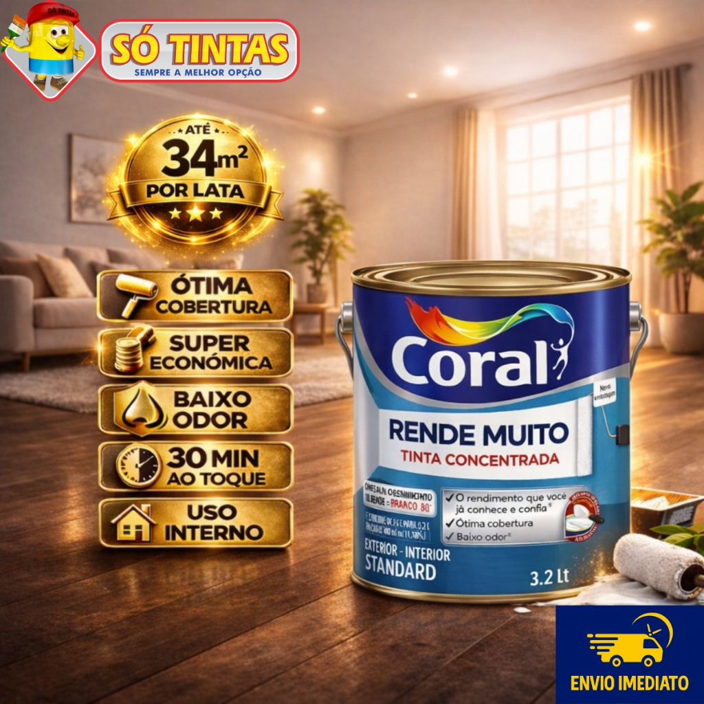 Tinta Acrílica Coral Rende Muito 3,2L e 3,6L Fosca Lavável Standard Rendimento Secagem Rápida, Cores em Oferta na Shopee