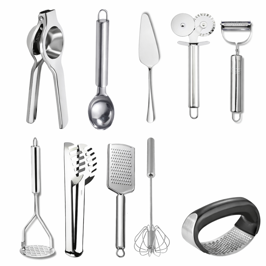 Kit Utensílios de Cozinha Inox 10, 15 ou 20 Peças Concha Pegador Espátula Colher Ralador