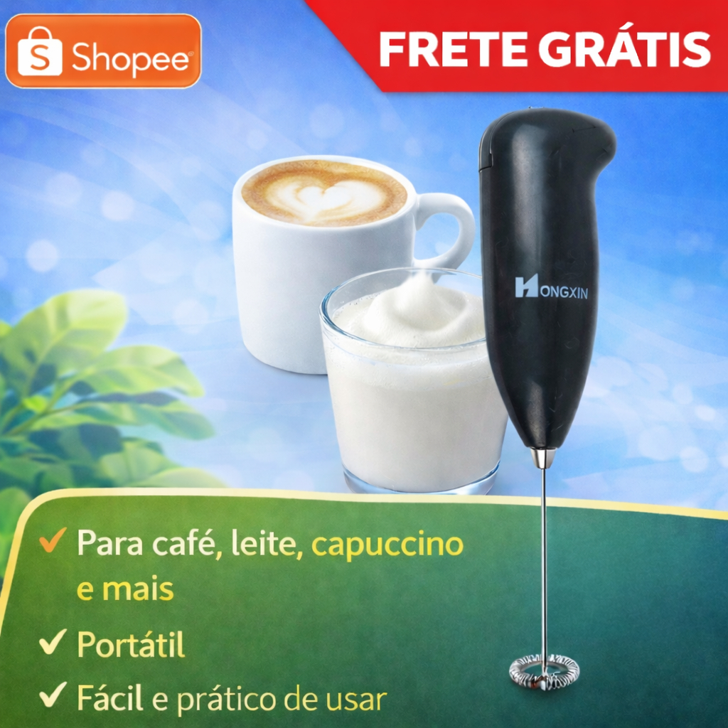 Mini Mixer Elétrico Portátil - Mistura Bebidas Fria e Quente com Motor Potente e Limpeza Fácil