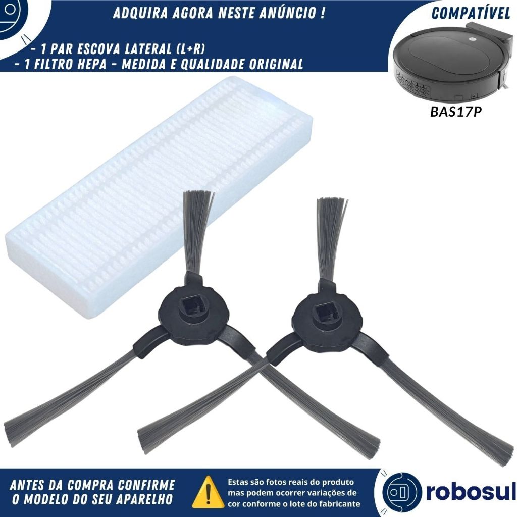 Par Escova Lateral e Filtro Hepa Para Robô Aspirador COMPATÍVEL BRITANIA BAS17P