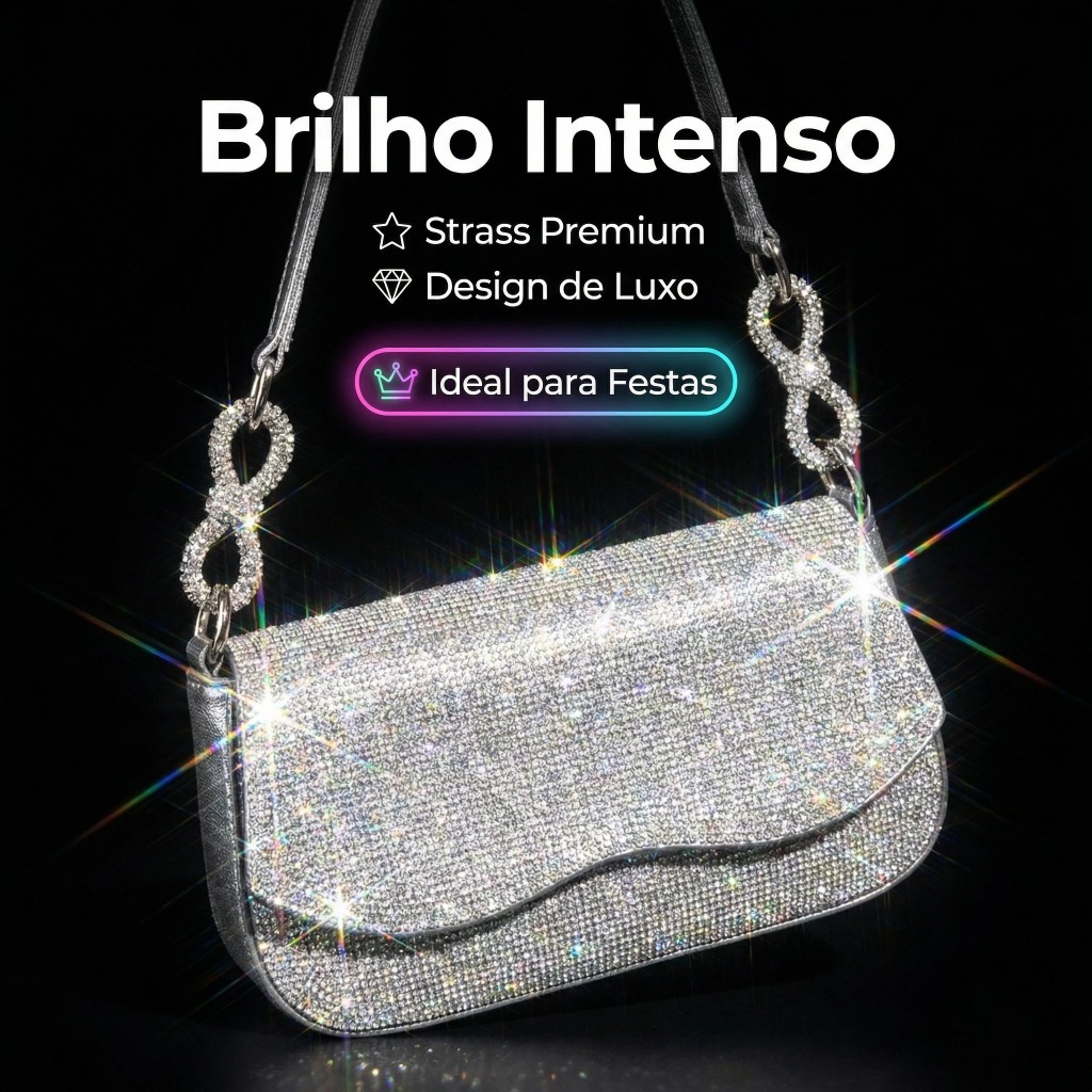 Bolsa Feminina Festa Luxo Brilhante com Strass Alça de Ombro Elegante Pequena para Noite Casamento Evento