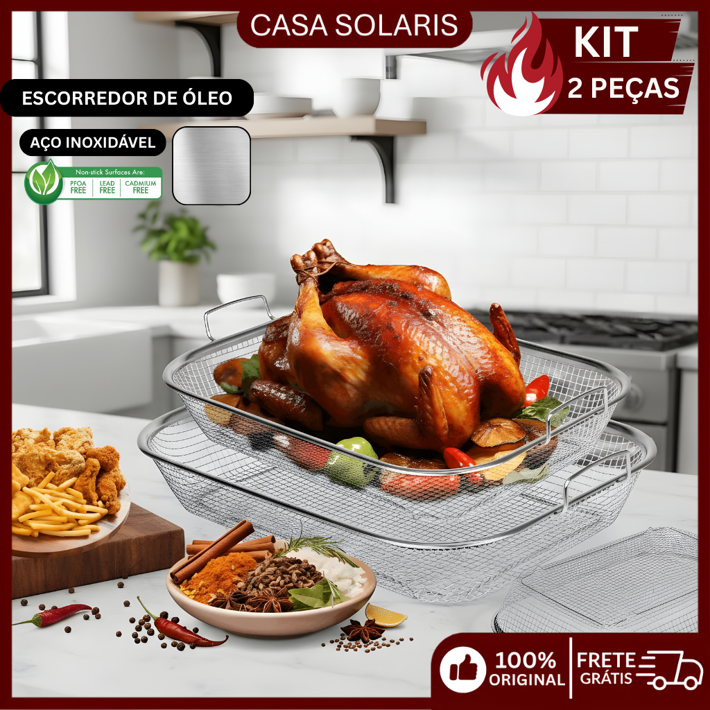 Kit 2 Escorredor de Óleo em Aço Inox Descansador para Fritura Bandeja Multiuso Durável