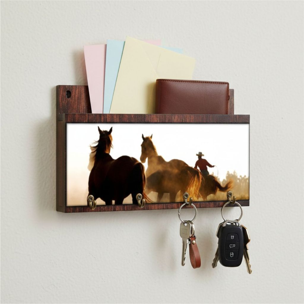 Porta Chaves Suporte Para Correspondencias Carteira Decoração Imagem Cavalos e Peão MDF 4 Ganchos