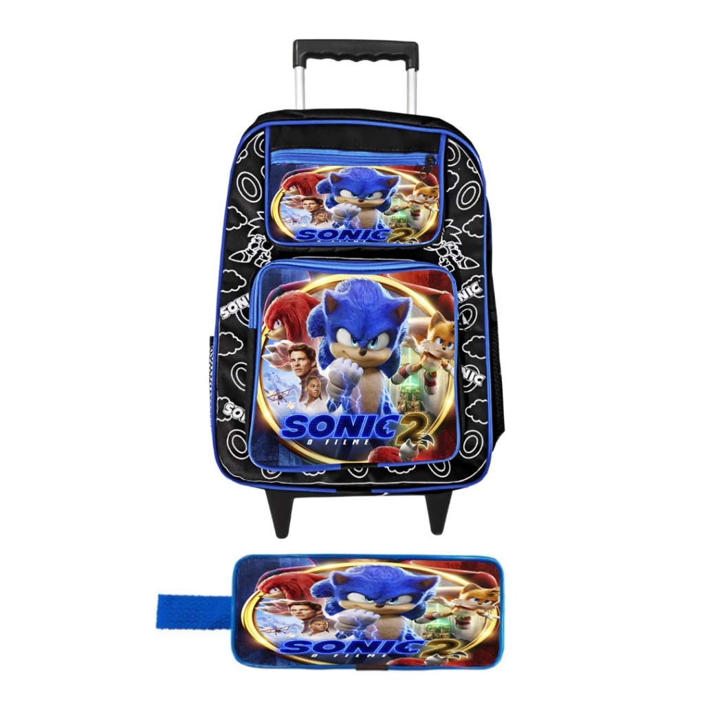Mochila Escolar Infantil de Rodinha Sonic 39cm + Estojo Masculina Resistente em Oferta na Shopee