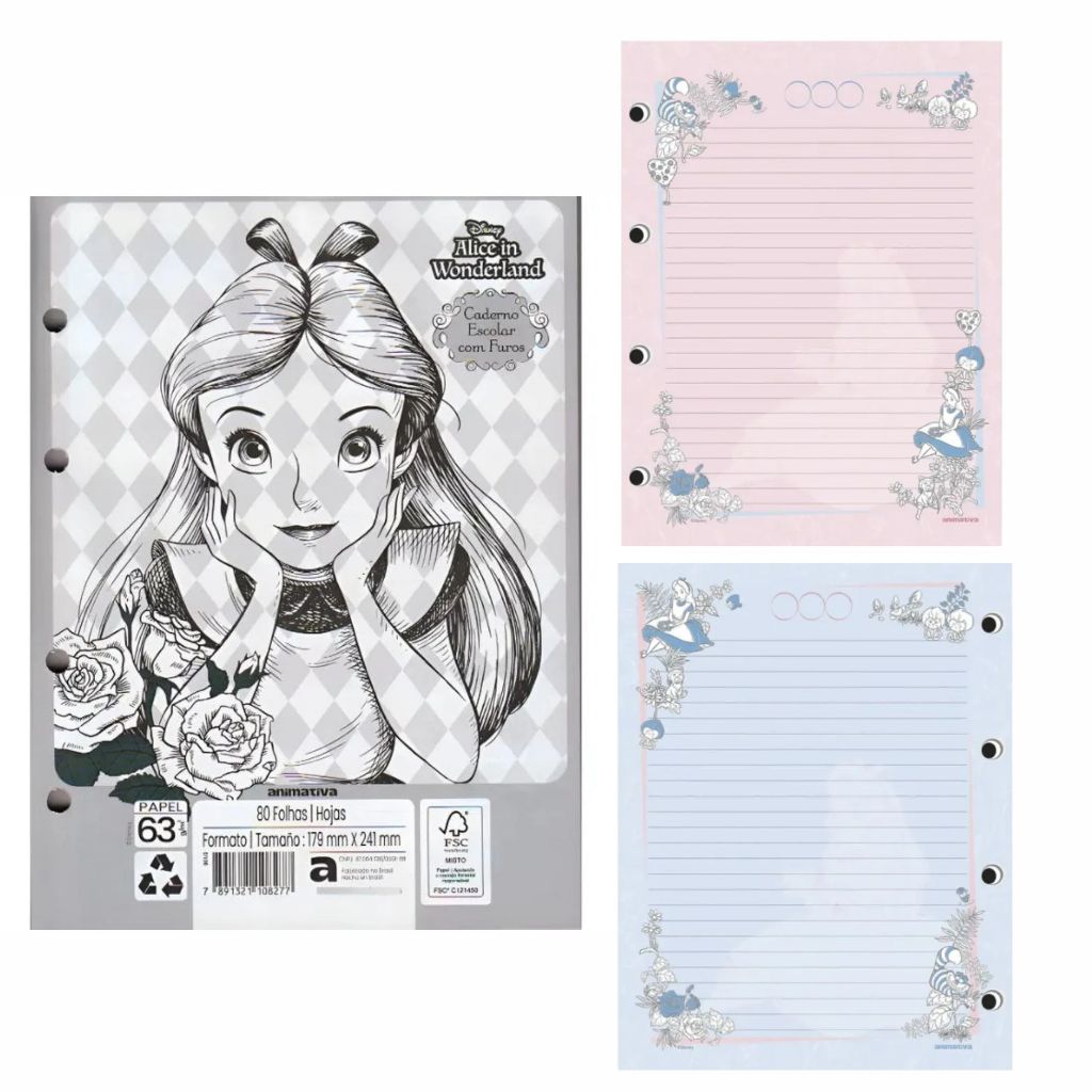 Refil Fichário Colegial Caderno Argolado Alice no País das Maravilhas 80 Folhas 17,9x24,1cm - Animativa