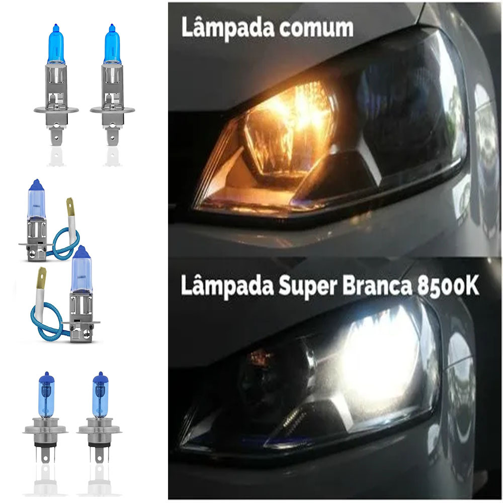 Par Lampada Super Branca 8500k Tipo Xenon 12v Encaixe Original H1 H3 H4 H7 H8 H9 H11 HB3 Hb4 H16 H27