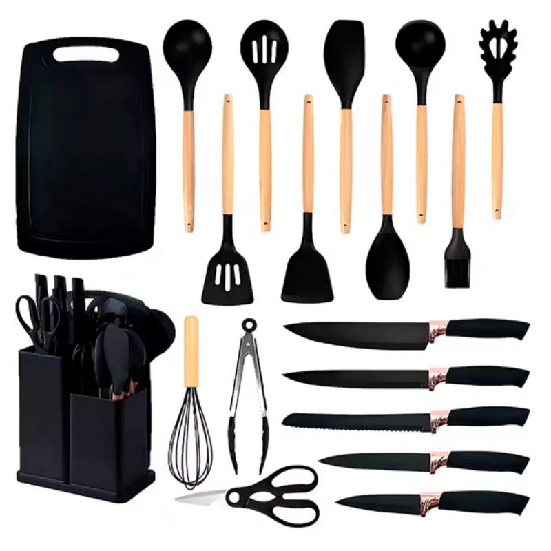 Kit Conjunto de 19 Peças Utensílios Cozinha Silicone Tábua cor preto