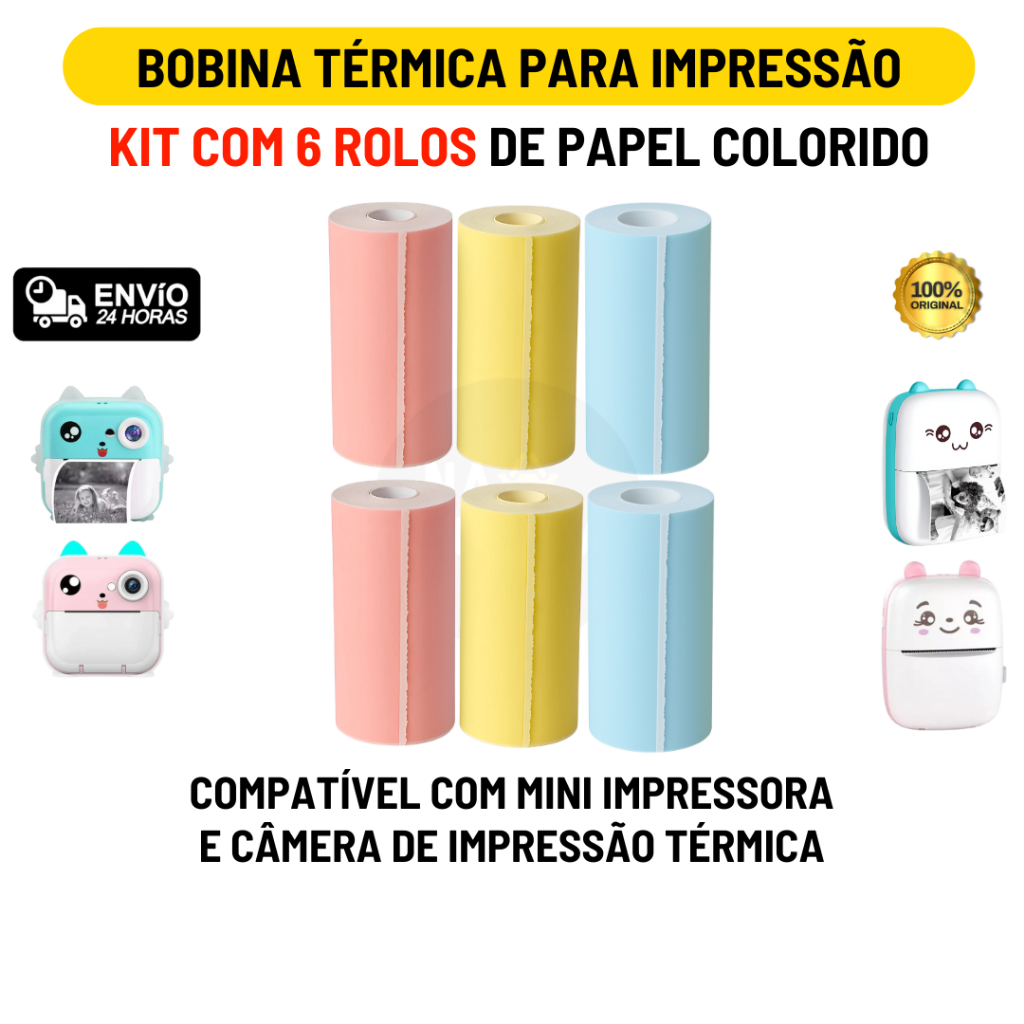 Kit 6 Bobina Rolo Papel Térmico 57mm Colorido Mini Impressora Portátil | Envio Imediato