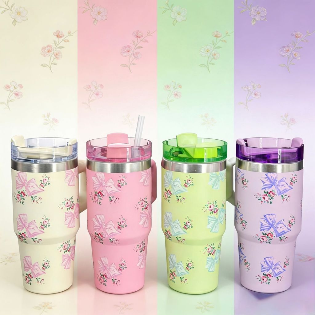 Copo Garrafa Térmico Inox Portátil 420ml com Canudo Alça e Tampa Desenho de Laço flor  para Crianças em Oferta na Shopee