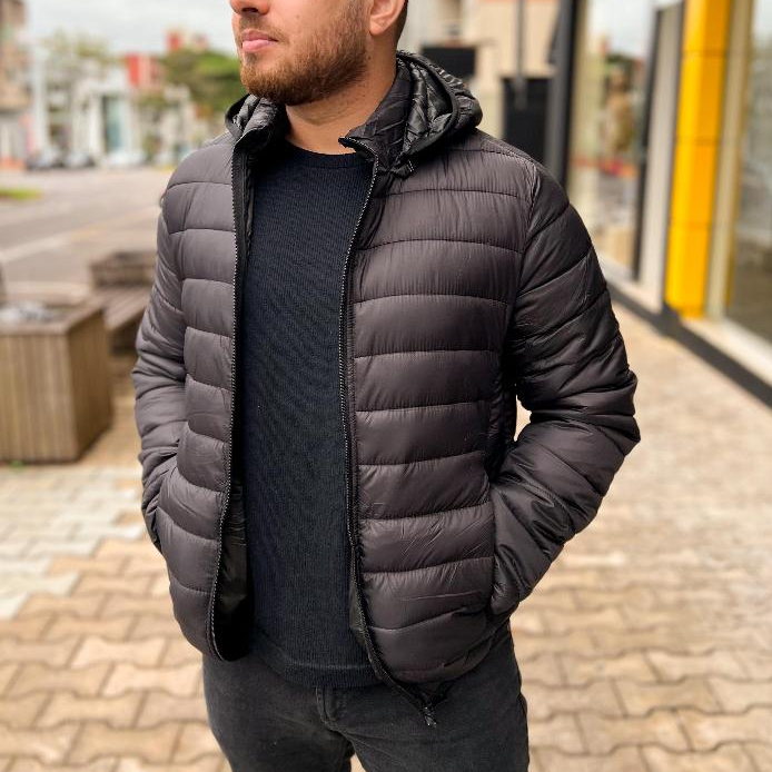 Jaqueta Masculina Puffer Bobojaco Acolchoada Com Capuz Removível Corta Vento Inverno Frio Reforçada