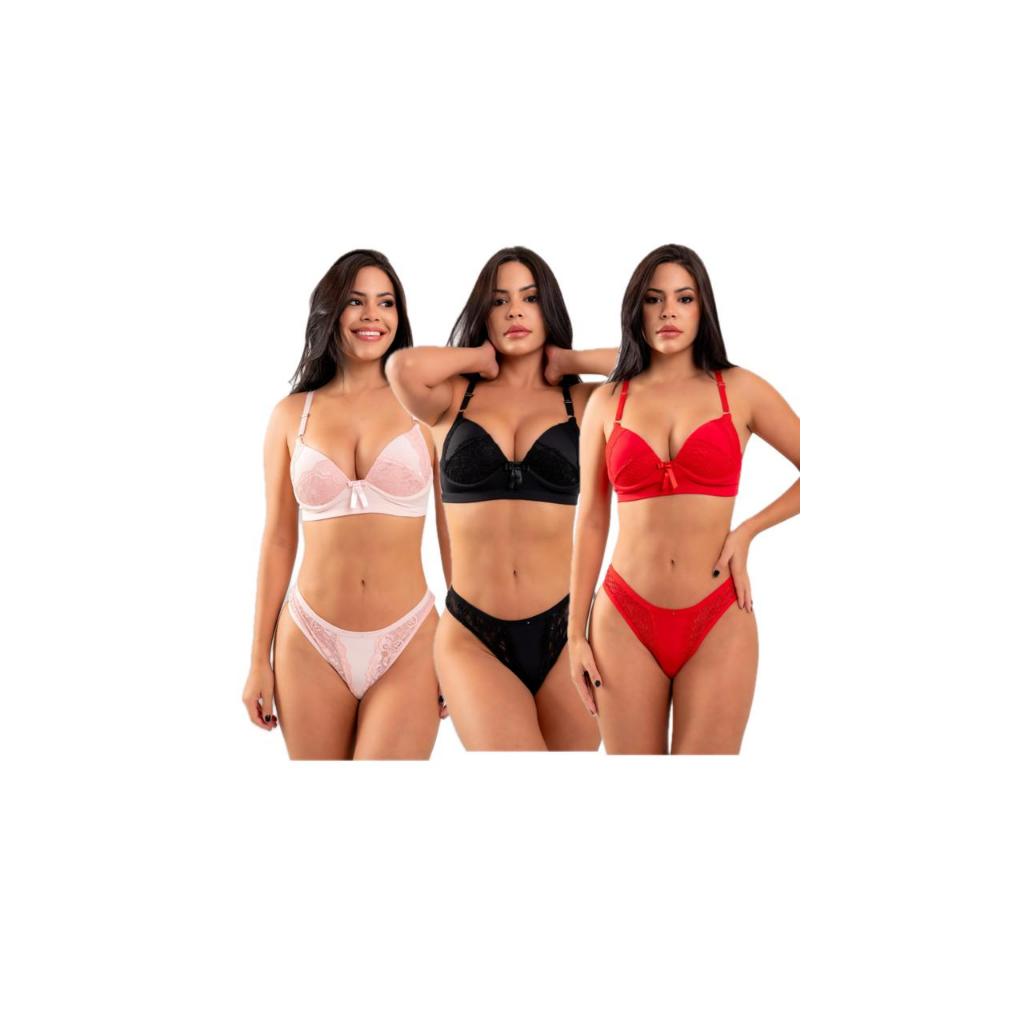 Kit 3 Conjuntos De Lingerie Calcinha e Sutiã Com Bojo Renda Atacado