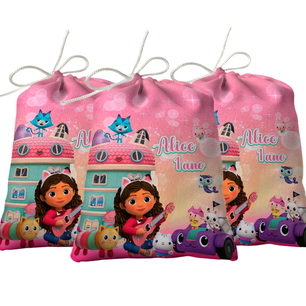 Sacolinha Lembrancinha Festa Aniversário Surpresa Tecido Personalizado A Casa Mágica da Gabby