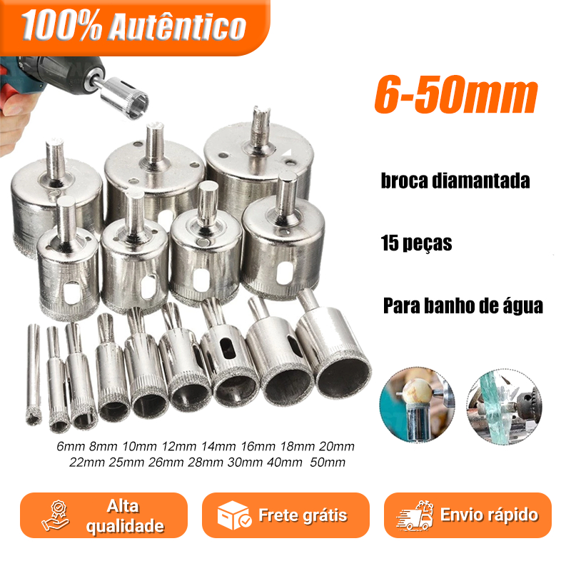Kit Jogo 15 Brocas Serra Copo Diamantadas Para Vidros Garrafas Mármore Cerâmica Piso Azulejos Porcelanatos De 6mm a 50mm em Oferta na Shopee