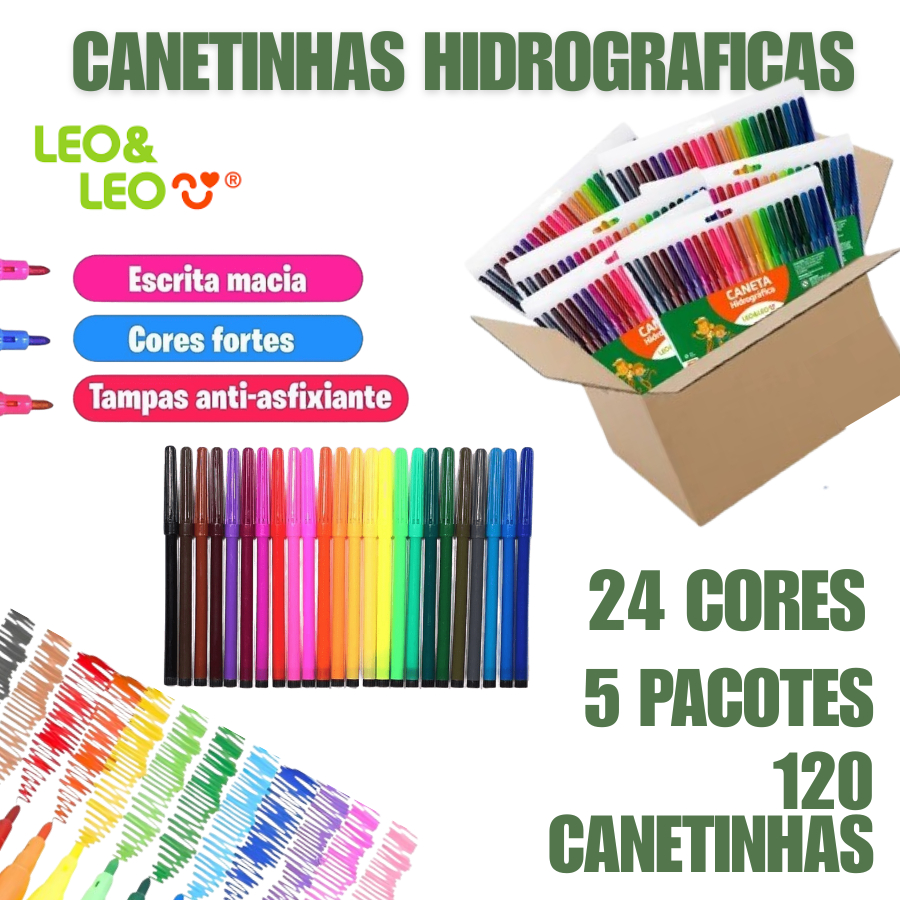 KIT Com 5 Pacotes 120 Canetinhas Papelaria Material Escolar 24 Cores Leo & Leo Escolar Pintura