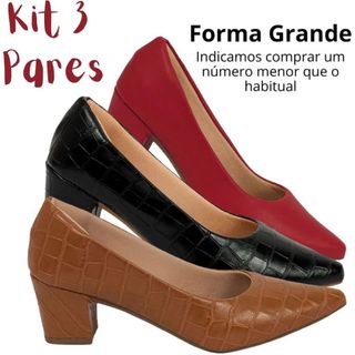 Kit 03 Sapato Feminino Scarpin Croco Salto Bloco Médio 5,5cm Bloco Bico Fino Promoção Moda Casual