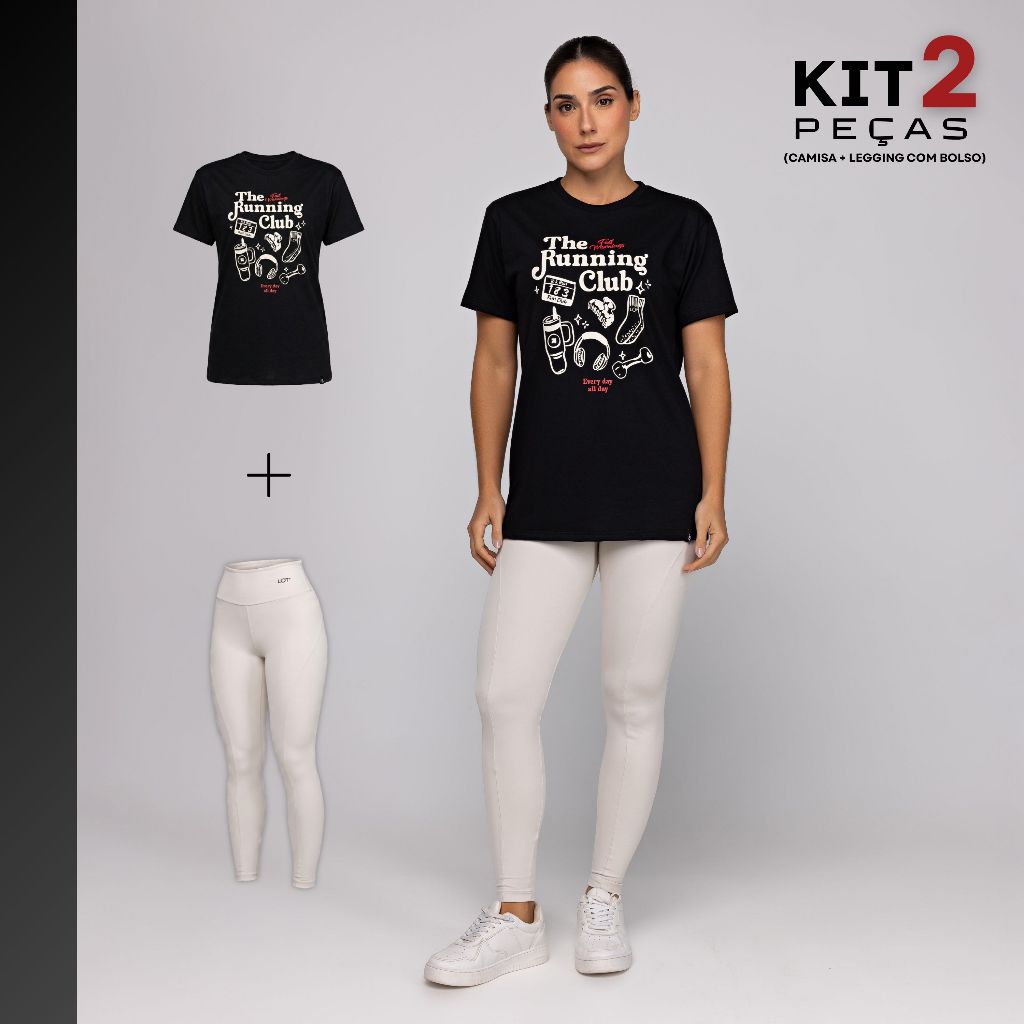 Kit Feminino Camisa Algodão T-Shirt Oversize + Calça Legging com Bolso Atrás Empina Bumbum
