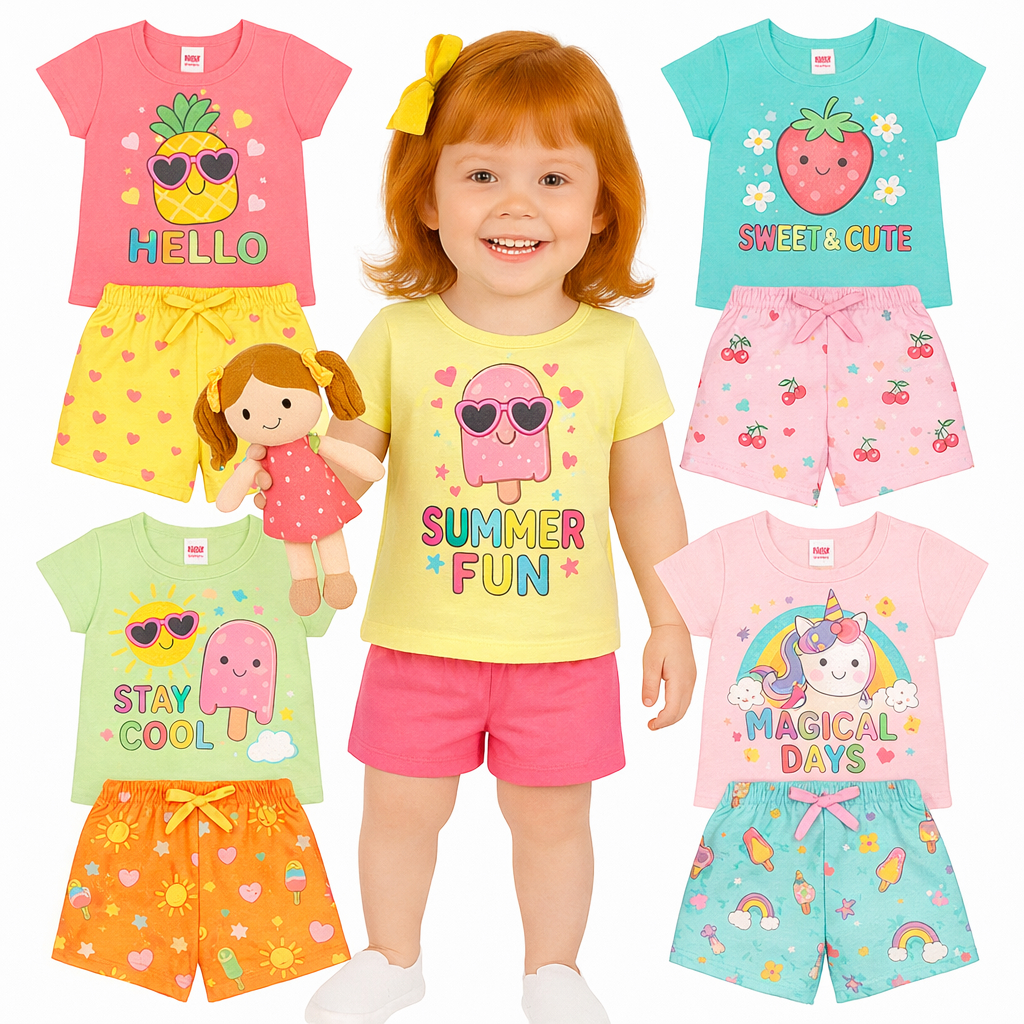 Kit 6 Peças Roupa Infantil Verão -Conjunto Infantil Menina -3 Blusas + 3 Shorts- Kit 3 ou 1 Conjuntos