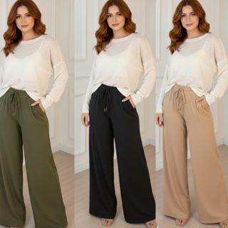 kit 3 Calça Pantalona Duna com elastico na cintura Wide Leg em Oferta na Shopee