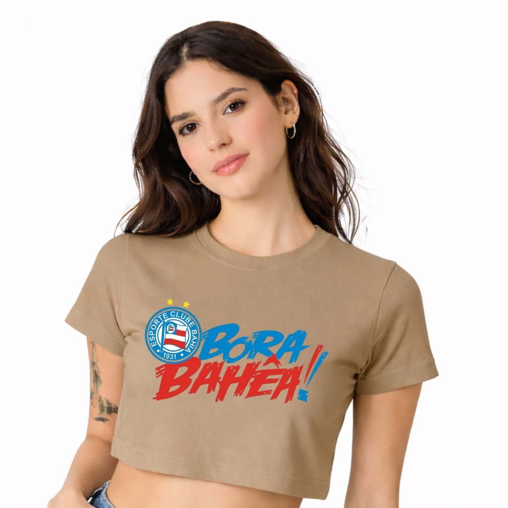 Camiseta Curta Cropped Feminino de Algodão Blusinha Basica Bahia Baea Vamo Bahea Futebol Sport Bahia