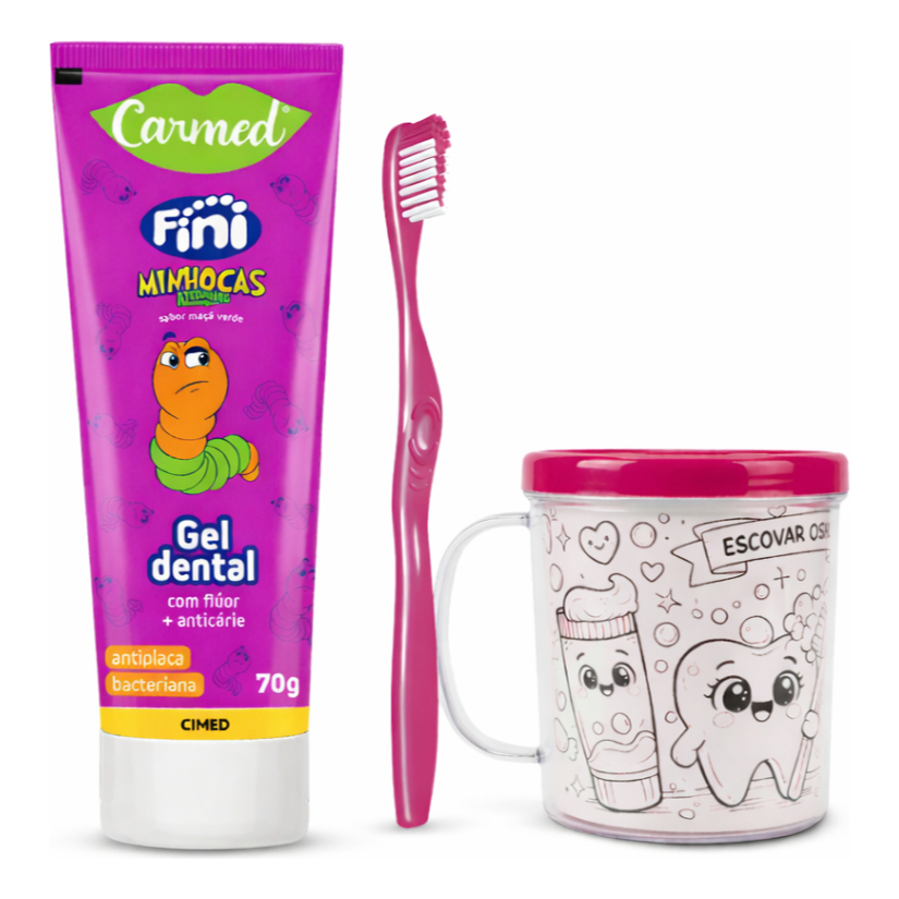 Kit gel Dental Infantil Carmed Fini Minhocas Maçã Verde 70g Gel Dental com Flúor + Escova + Copo Infantil P/Personalizar