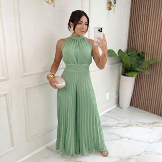 Macacão Longo Feminino Duna Premium  Plissado Gola Halter Moda Moderna Elegante em Oferta na Shopee