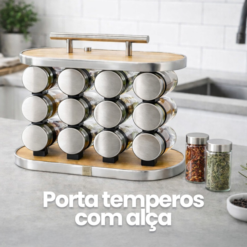 Porta tempero de mesa com alça em inox + 12 potes de condimentos 90ml em vidro / Suporte de madeira