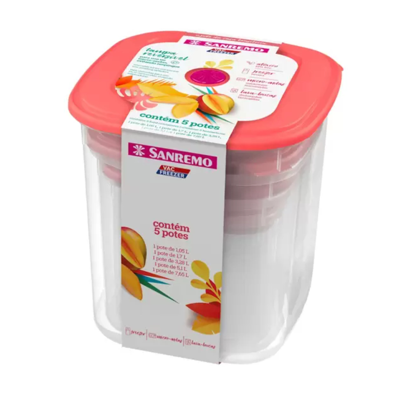 KIT POTE 5 PEÇAS COM TAMPA PORTA ALIMENTO MANTIMENTO PLÁSTICOS SANREMO - LARANJA em Oferta na Shopee