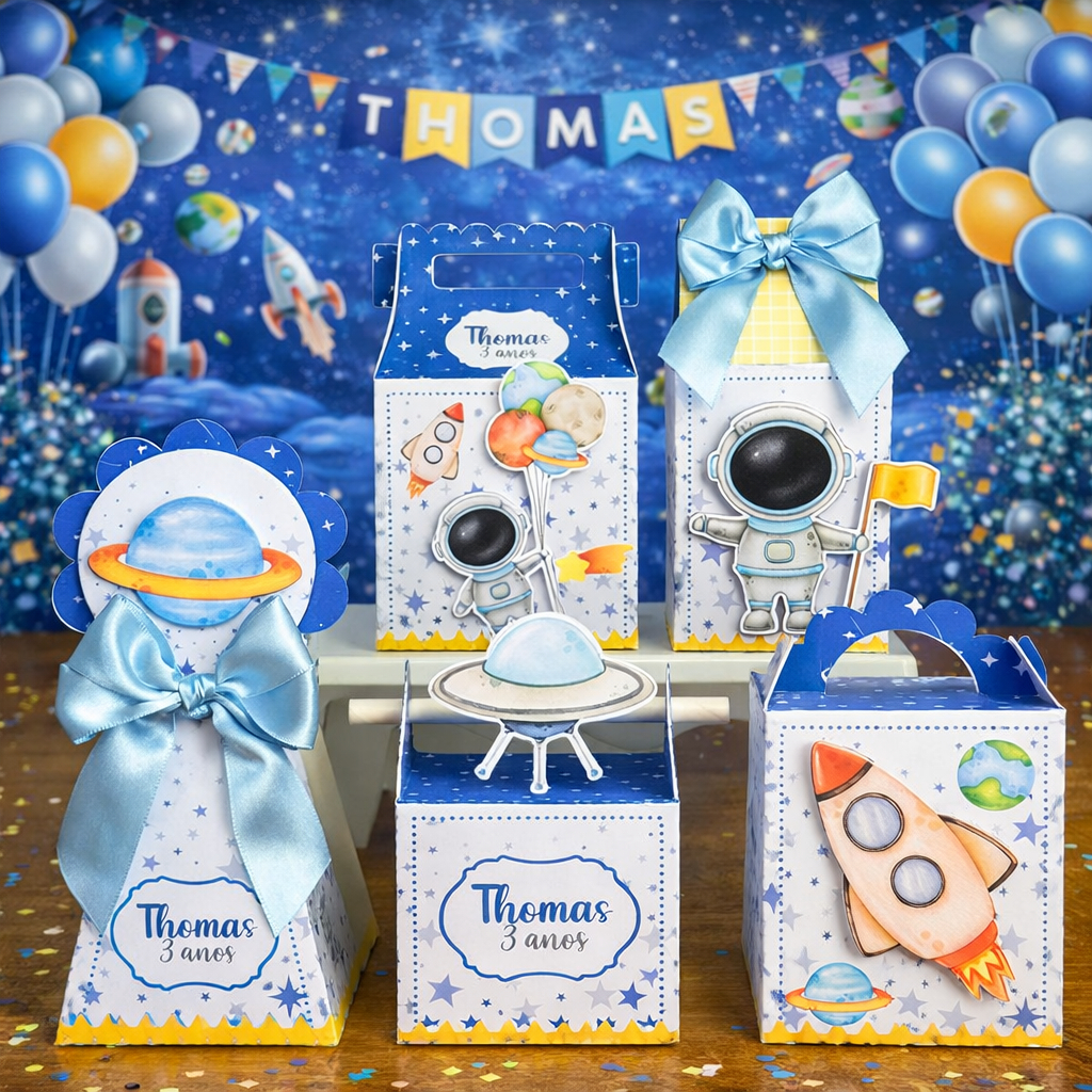 Kit Caixinhas Personalizadas Astronauta Menino | Pegue e Monte | Lembrancinha Aniversário e Festa Infantil