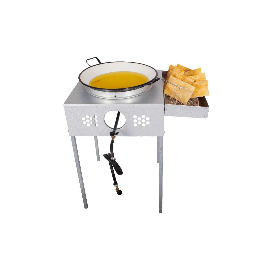 Fogão Fritador Pasteleiro Galvanizado de Pastel à Gás com Escorredor e Tacho Esmaltado Completo