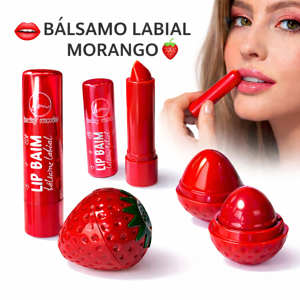 CocoFleur Bálsamo Labial Morango 2 em 1  Hidratante Batom + Lip Balm Formato Morango 3,8g