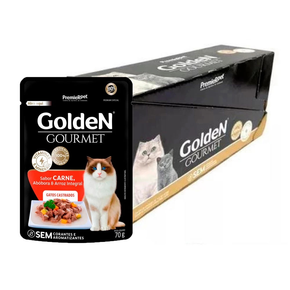 Caixa 20Un. Ração Úmida Golden Gourmet Para Gatos Castrados Carne 70g