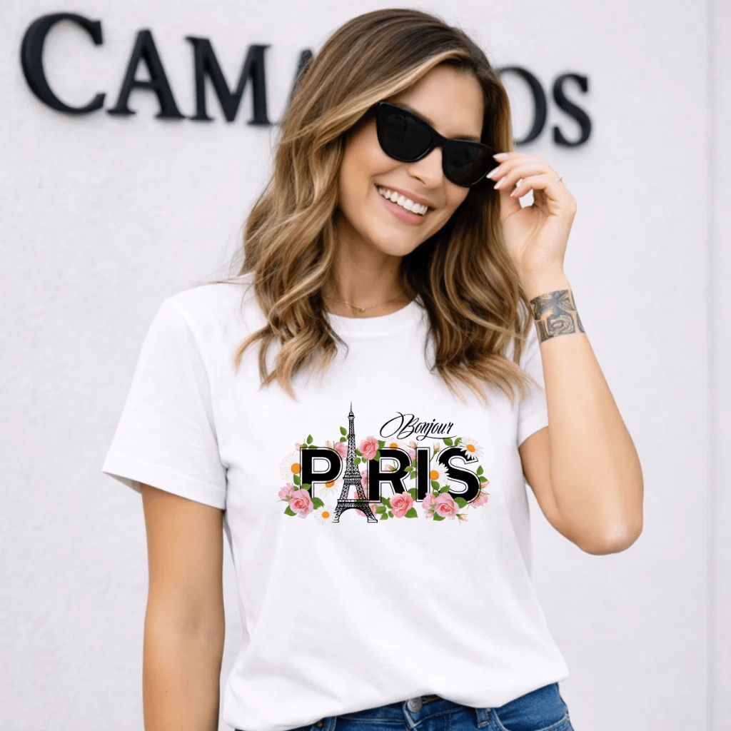 Camiseta Feminina Estampada Elegante Blusa 100% Algodão Camisa Verão Casual Confortavel Blusa Paris Bonjur