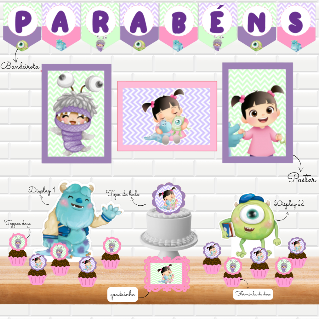 Kit Festa Boo Monstros S.A Mesversário Personalizado – Só 1 Bolinho / Aniversário Infantil