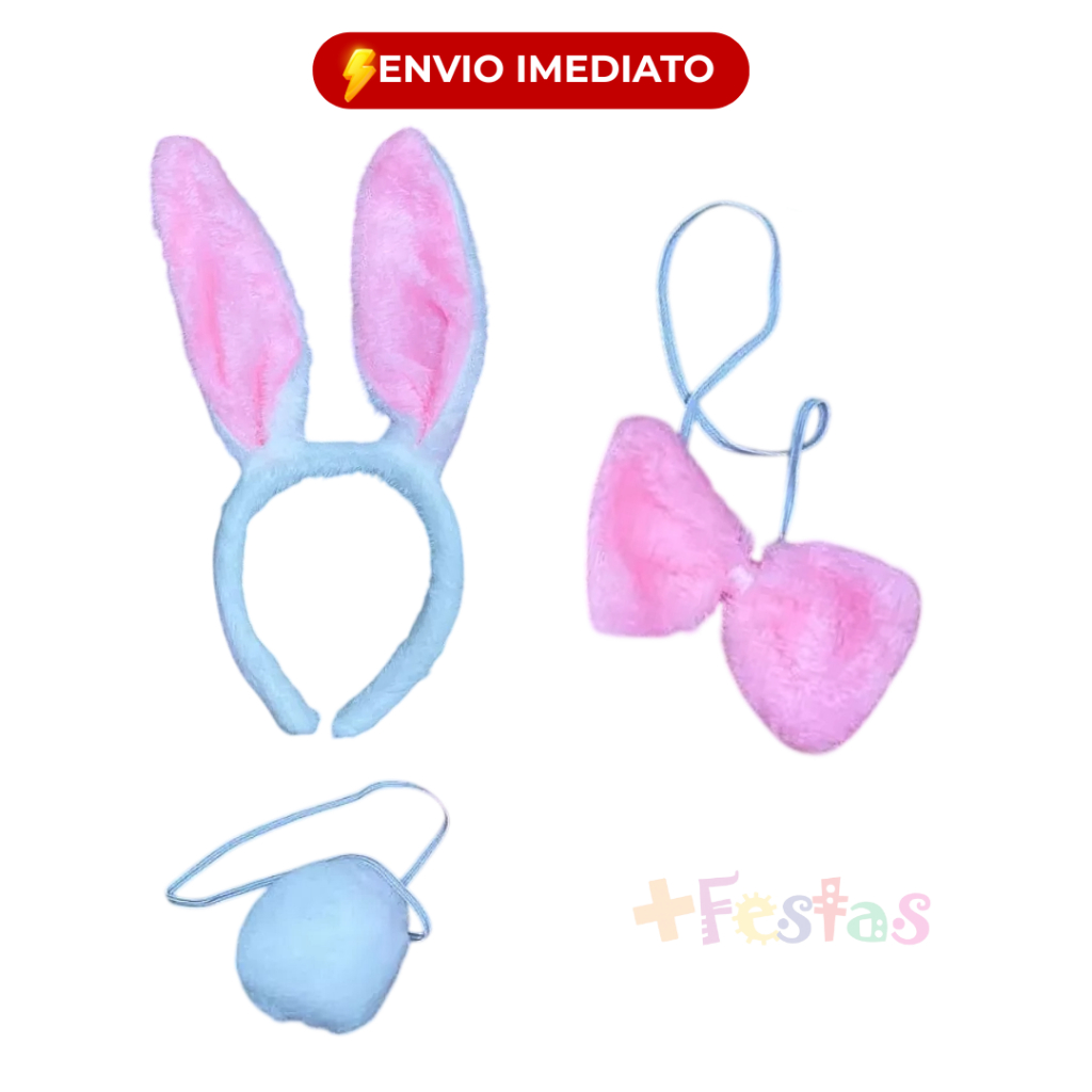 Kit 3 Acessórios Fantasia Coelhinha Branca com Rosa Tiara Gravata Rabinho Festa Cosplay