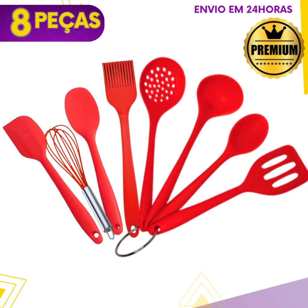 Jogo 8 Peças De Utensílios P/ Cozinha De Silicone - Não Risca Panela Antiaderente