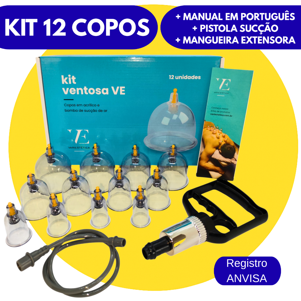 Kit Ventosa 12 Copos + Manual Português Ventosaterapia
