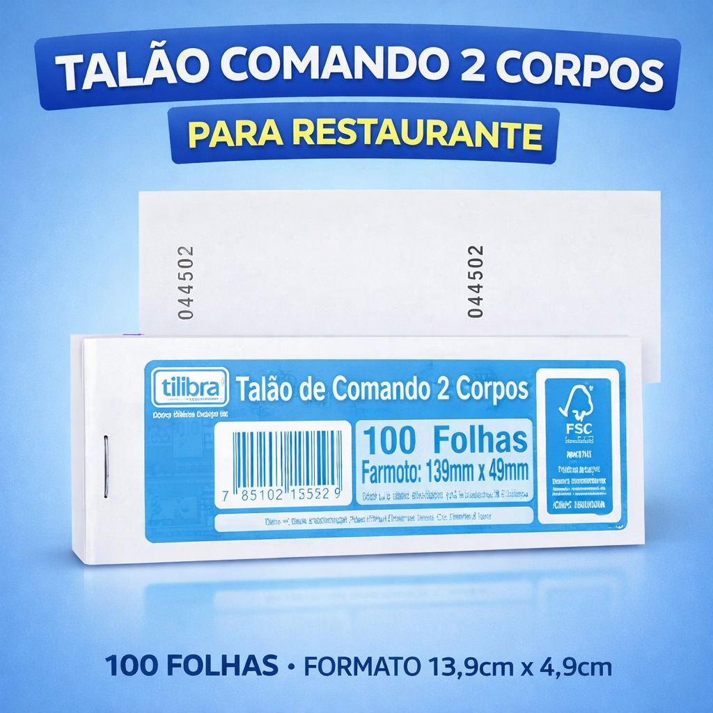 Talão de Comando 2 Corpos 100 Folhas Tilibra 2 Vias Restaurante Bar FSC
