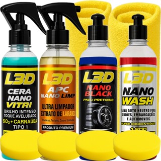 Kit Lavagem Automotiva Cera Cristalizadora L3d, Shampoo Automotivo, Apc, Pretinho, Aplicador Fanelas em Oferta na Shopee
