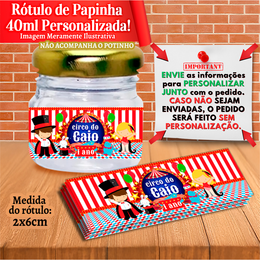 Rótulos adesivos personalizados para potes papinhas 40ml 40g Circo Magico e Rosa