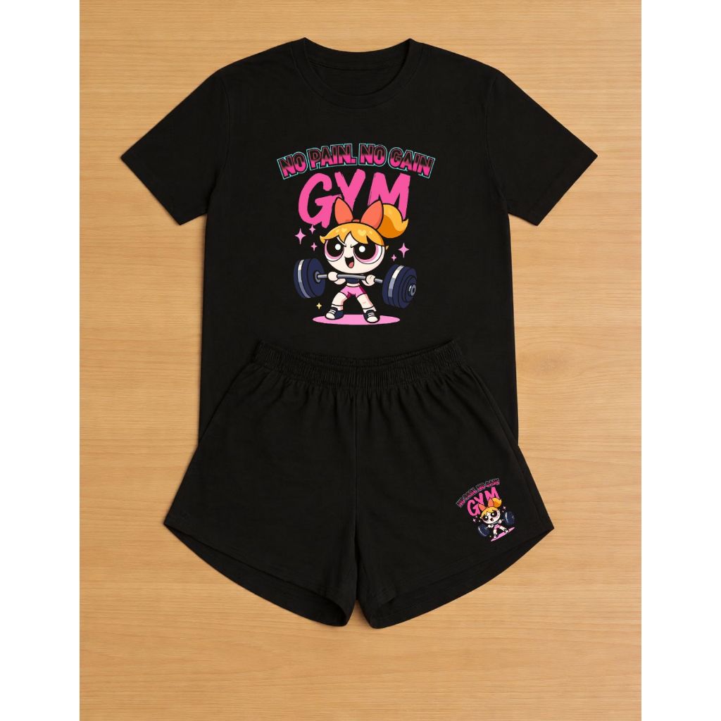 Kit Academia Feminino Poderosas Marombeira Camiseta Short Com Elastico Superpoderosas No Pain No Gain Tecido Respirável