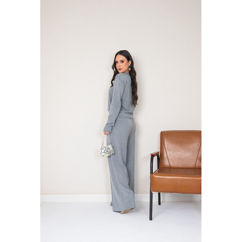 Conjunto Feminino Tricot Calça Wide Leg Pantalona e Blusa Manga Longa Tricô Aerolook