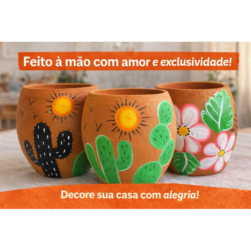 Vaso de Barro Artesanal Pintado à Mão – Cachepot Decorativo Cacto e Floral – Decoração Rústica Exclusiva