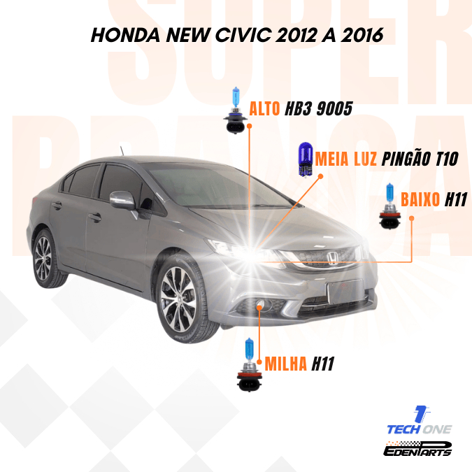 Kit Lâmpadas Super Brancas TechOne – Honda Civic 2012 a 2016 + Brinde