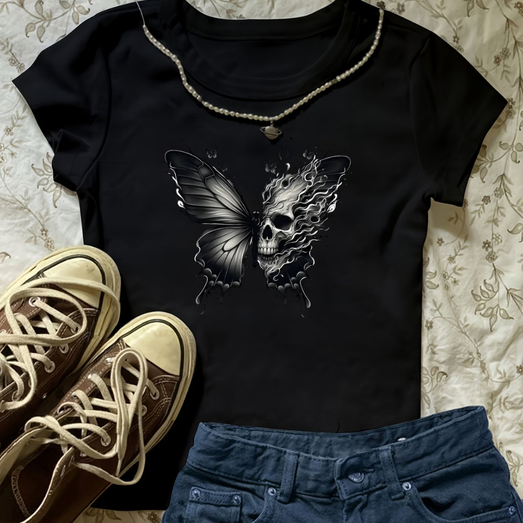 Baby Tee Preta Estampa Borboleta Skull Caveira Grunge Aesthetic Gothic