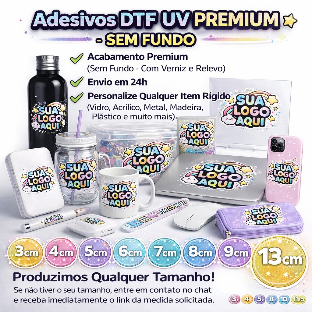 Adesivo Logo DTF UV Sem Fundo | Etiqueta Premium | Verniz Alto Brilho e Relevo | Envio Rápido 24h