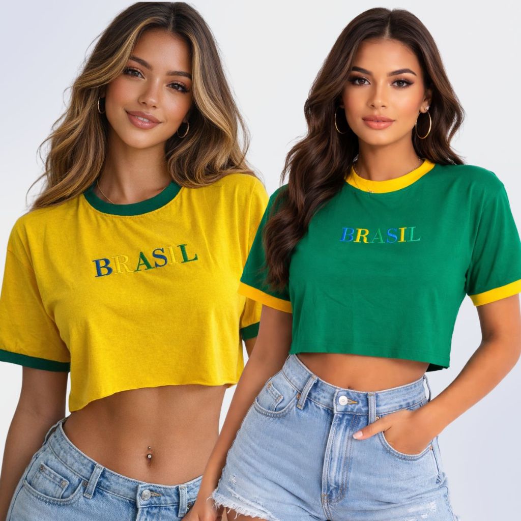 Cropped Feminino Oversized Bordado Brasil Colorido Tecido - Corte a Laser 100% Algodão