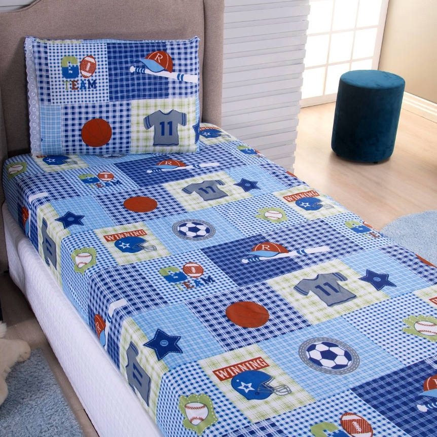 Jogo de Lençol Solteiro 02 Peças Microfibra Estampada Estampas Menino Menina Azul Infantil