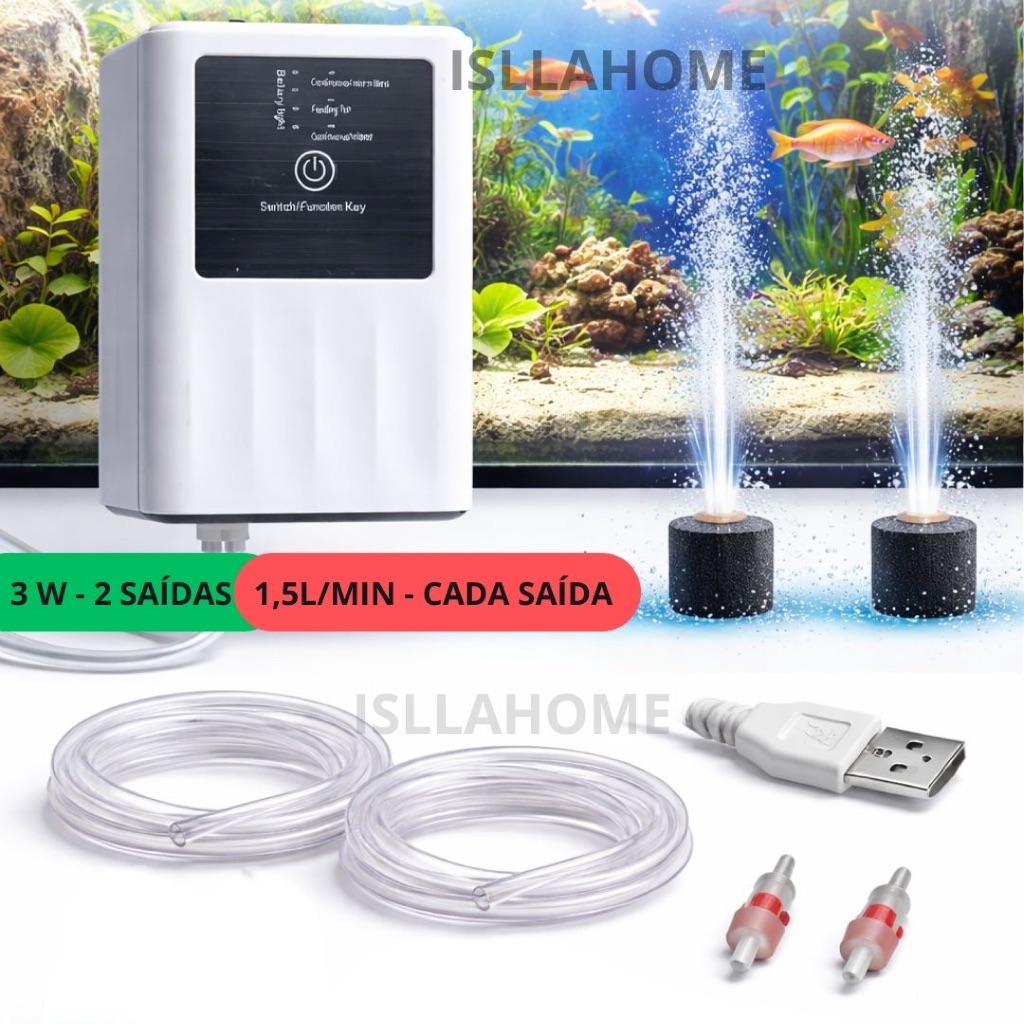 Compressor Nobreak Oxigenador Aquário 3W 2 Saídas de Ar Bateria Recarregável USB